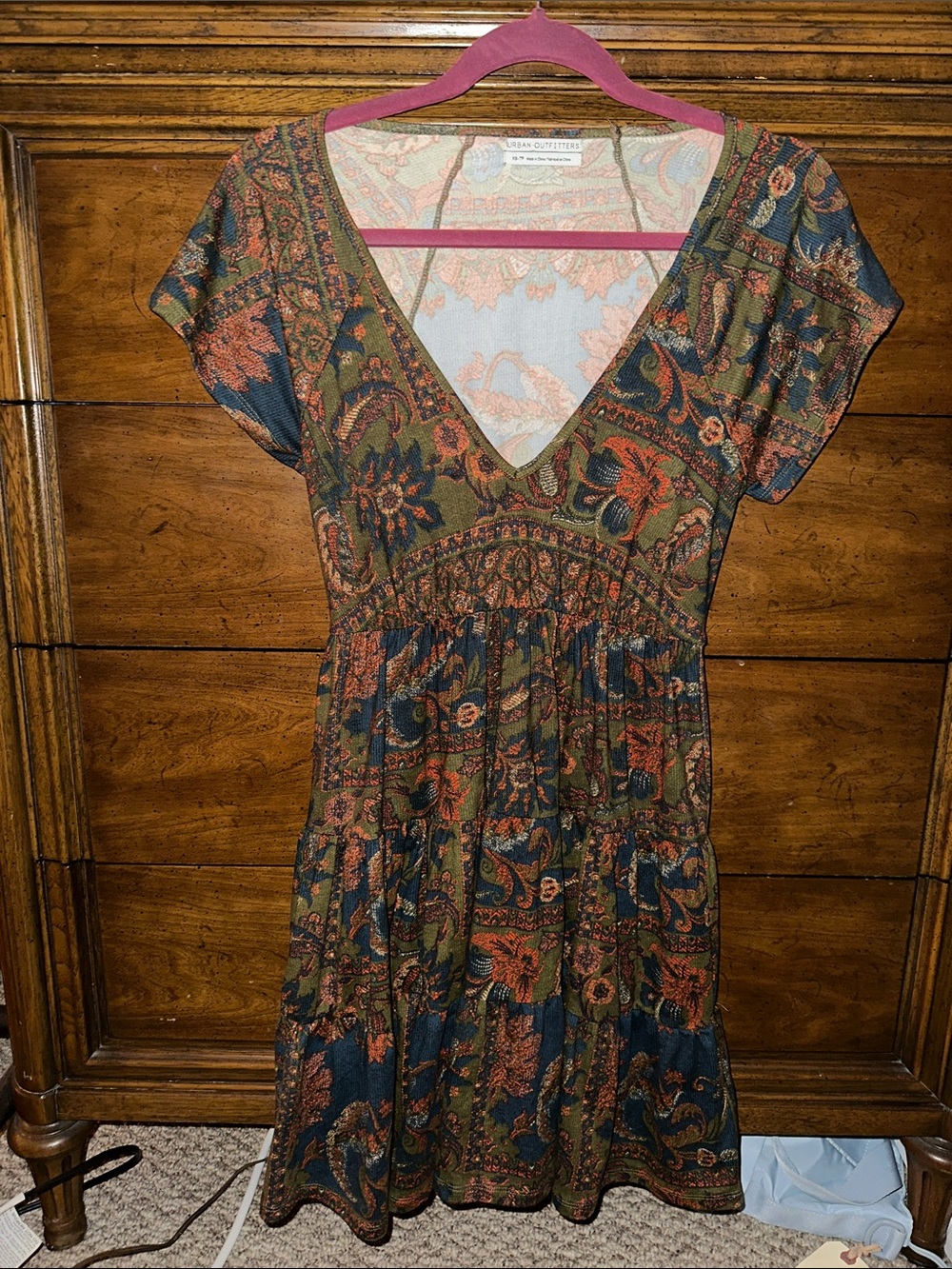 Urban Outfitters Olive Green and Rust Paisley V-Neck Mini Dress